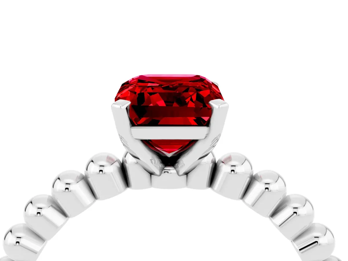 Emerald Cut Ruby Solitaire Ring with Beaded Band and Prong Setting Silver