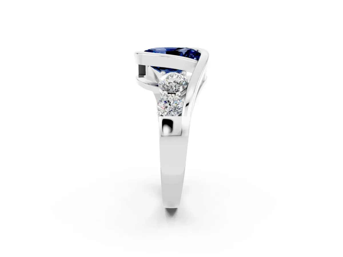 Bezel Set Oval Cut Blue Sapphire Bypass Ring with Round Accents Platinum