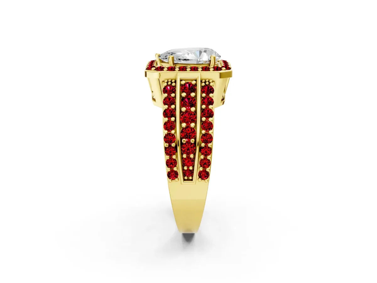 Pear Cut Halo Diamond Ring with Round Ruby Split Shank and Prong Setting Yellow gold