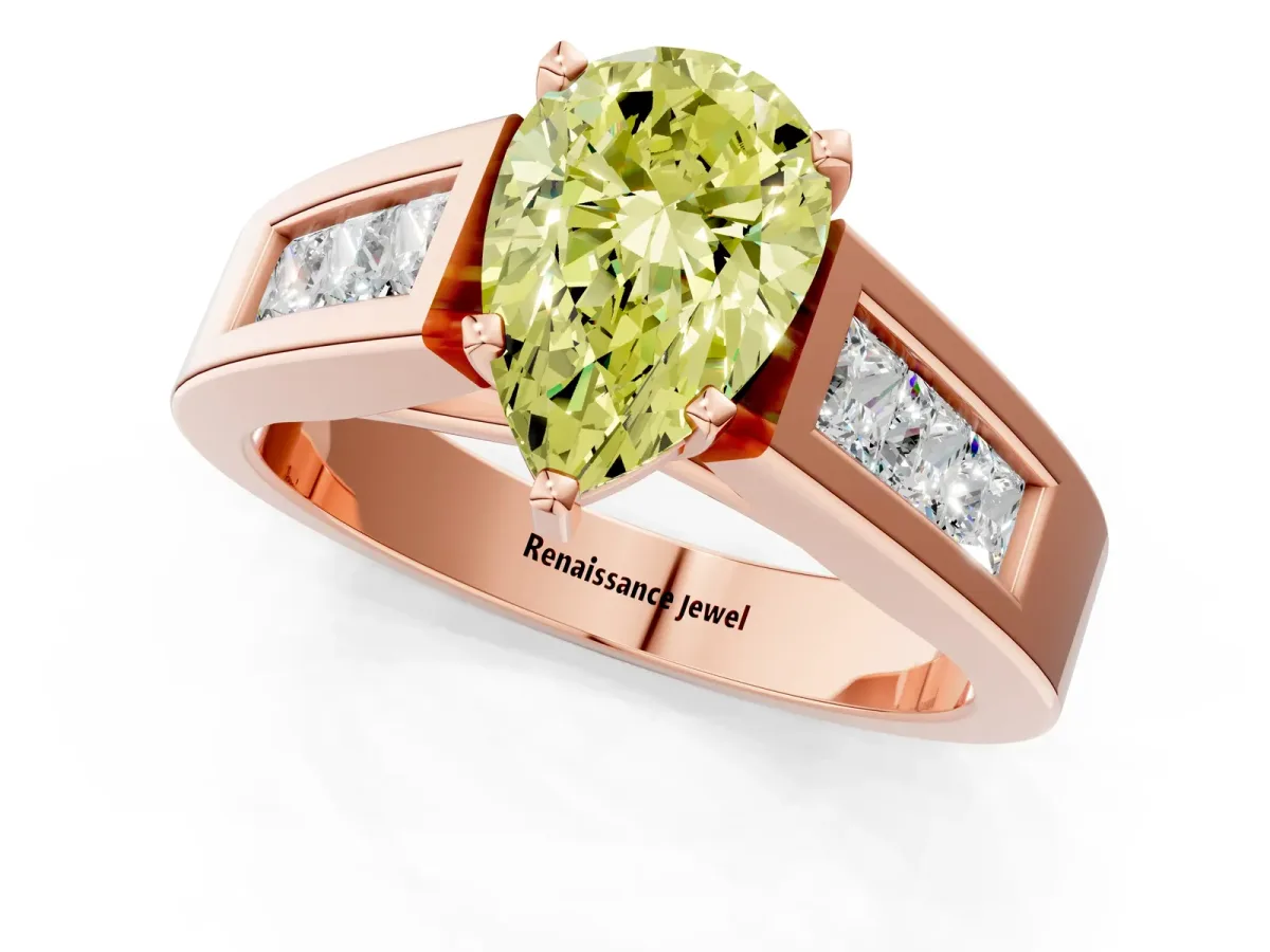 Fancy Yellow Pear Cut Cut Channel Set Solitaire Ring with Four-Prong Setting Rose gold
