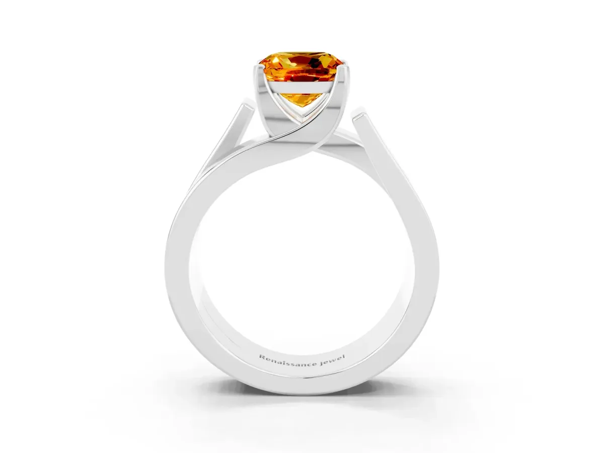 Modern Tension Set Cushion Cut Citrine Solitaire Wide Band Ring Silver