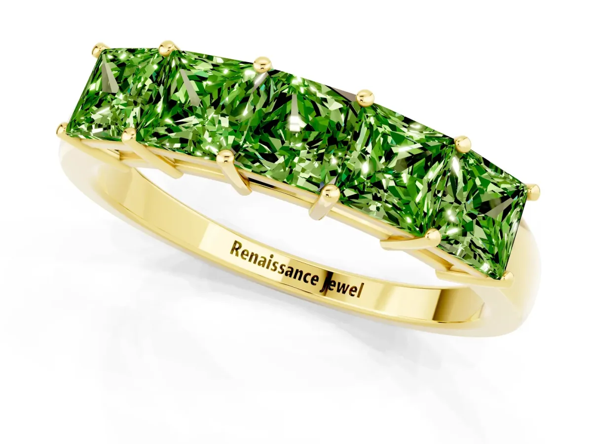 Princess Cut Five-Stone Peridot Band with Prong Setting Yellow gold