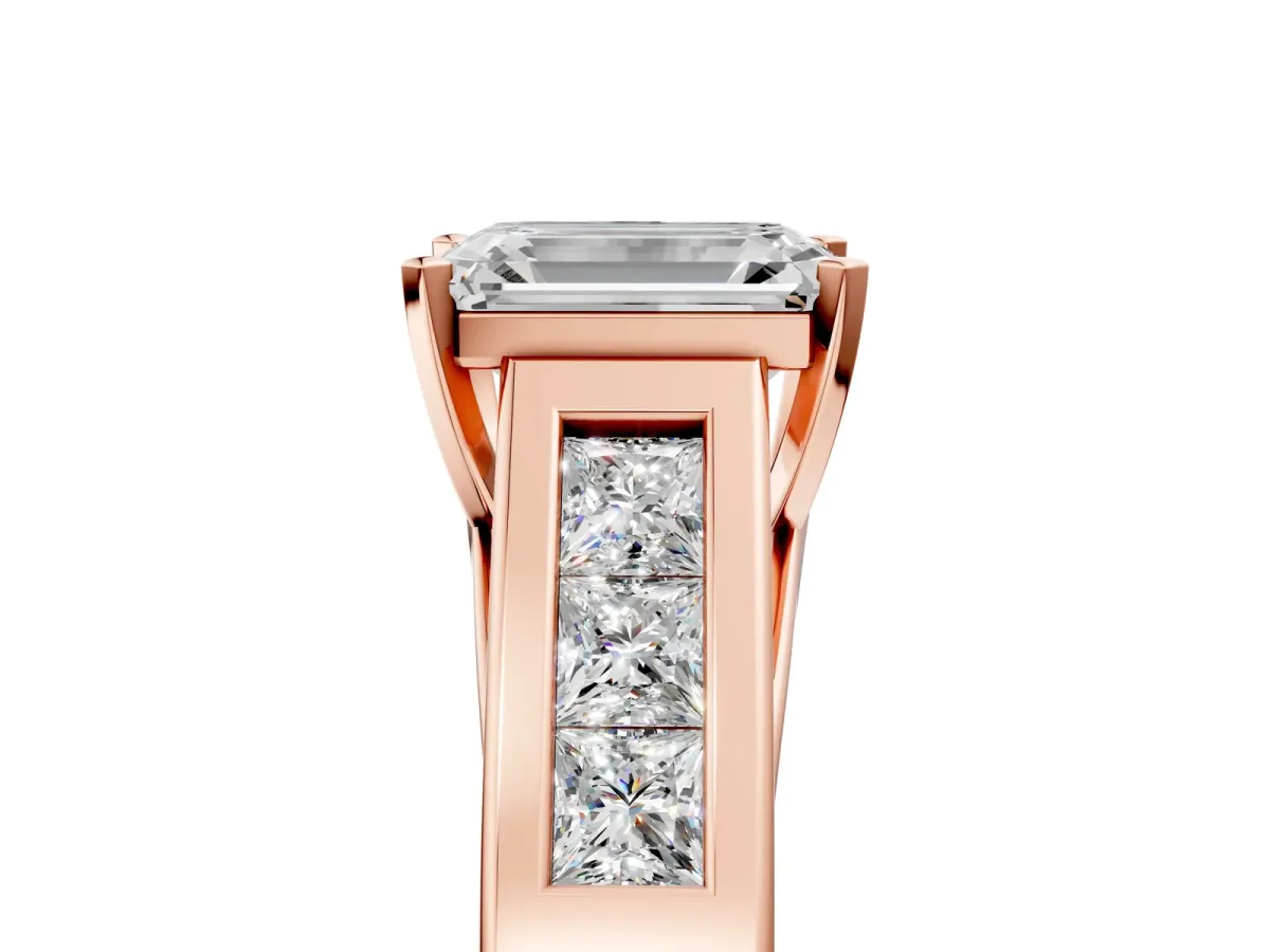 Emerald Cut Cut Channel Set Solitaire Ring with Four-Prong Setting Rose gold