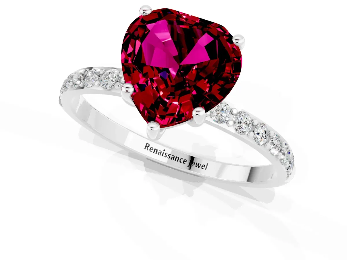 Heart Cut Garnet Solitaire Ring with Round Pavé Band and Prong Setting Silver