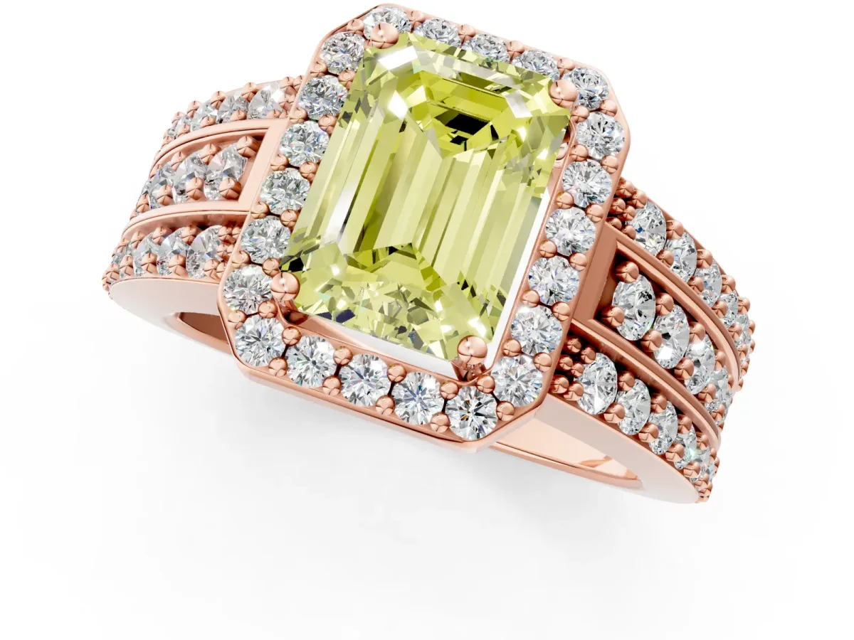 Fancy Yellow Emerald Cut Halo Diamond Ring with Round Split Shank and Prong Setting Rose gold