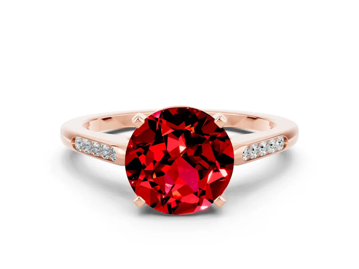 Round Cut Ruby Solitaire Ring with Channel Set Round Band and Prong Setting Rose gold