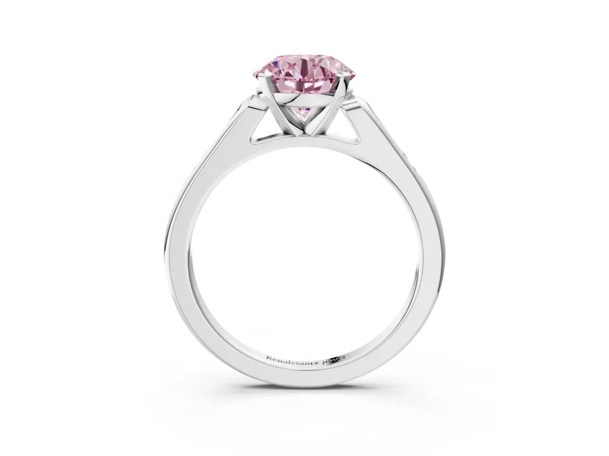 Fancy Pink Round Cut Diamond Solitaire Ring with Channel Set Round Band and Prong Setting Silver