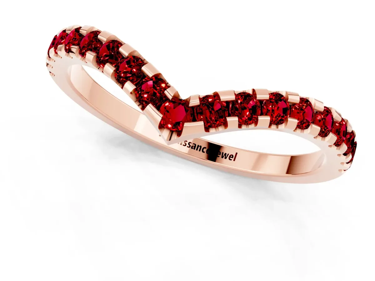 Pavé Round Ruby Chevron Band with Shared Prong Setting Rose gold