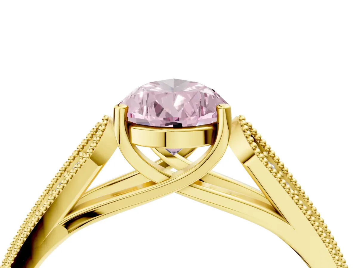 Fancy Pink Pear Cut Cut Pave Split Shank Engagement Ring with Four-Prong Setting Yellow gold