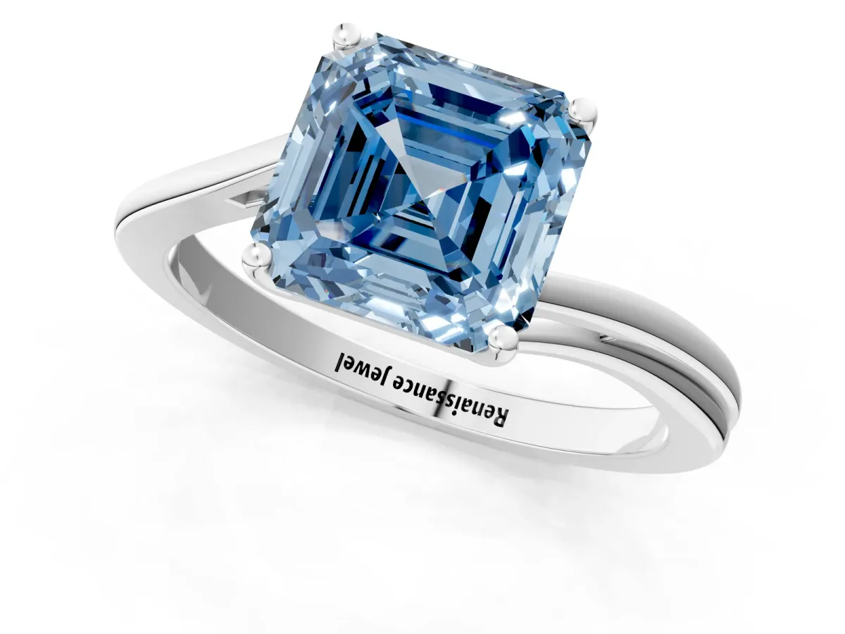 Fancy Blue Asscher Cut Cut Solitaire Twist Band Ring with Four-Prong Setting Platinum