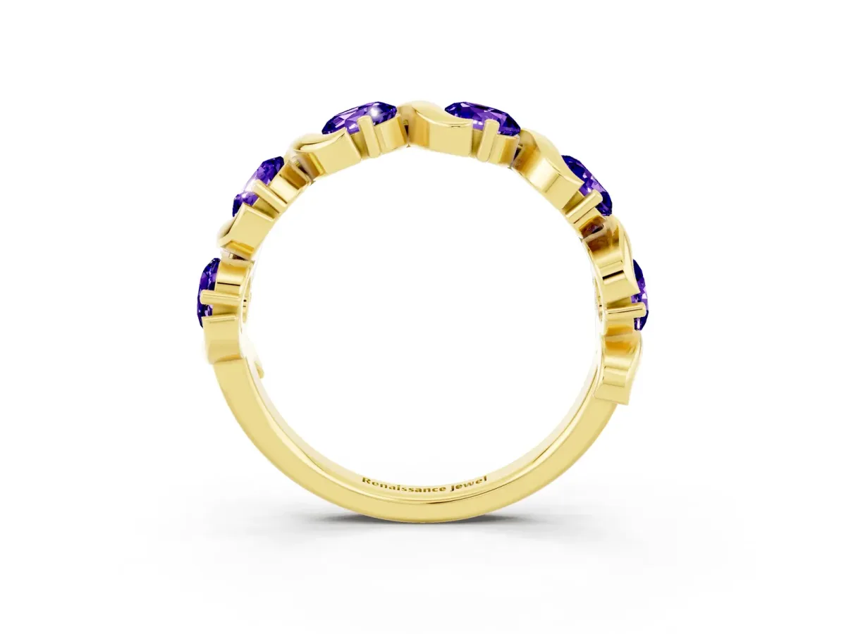 Round Tanzanite Half Eternity Band with Wave Prong Setting Yellow gold