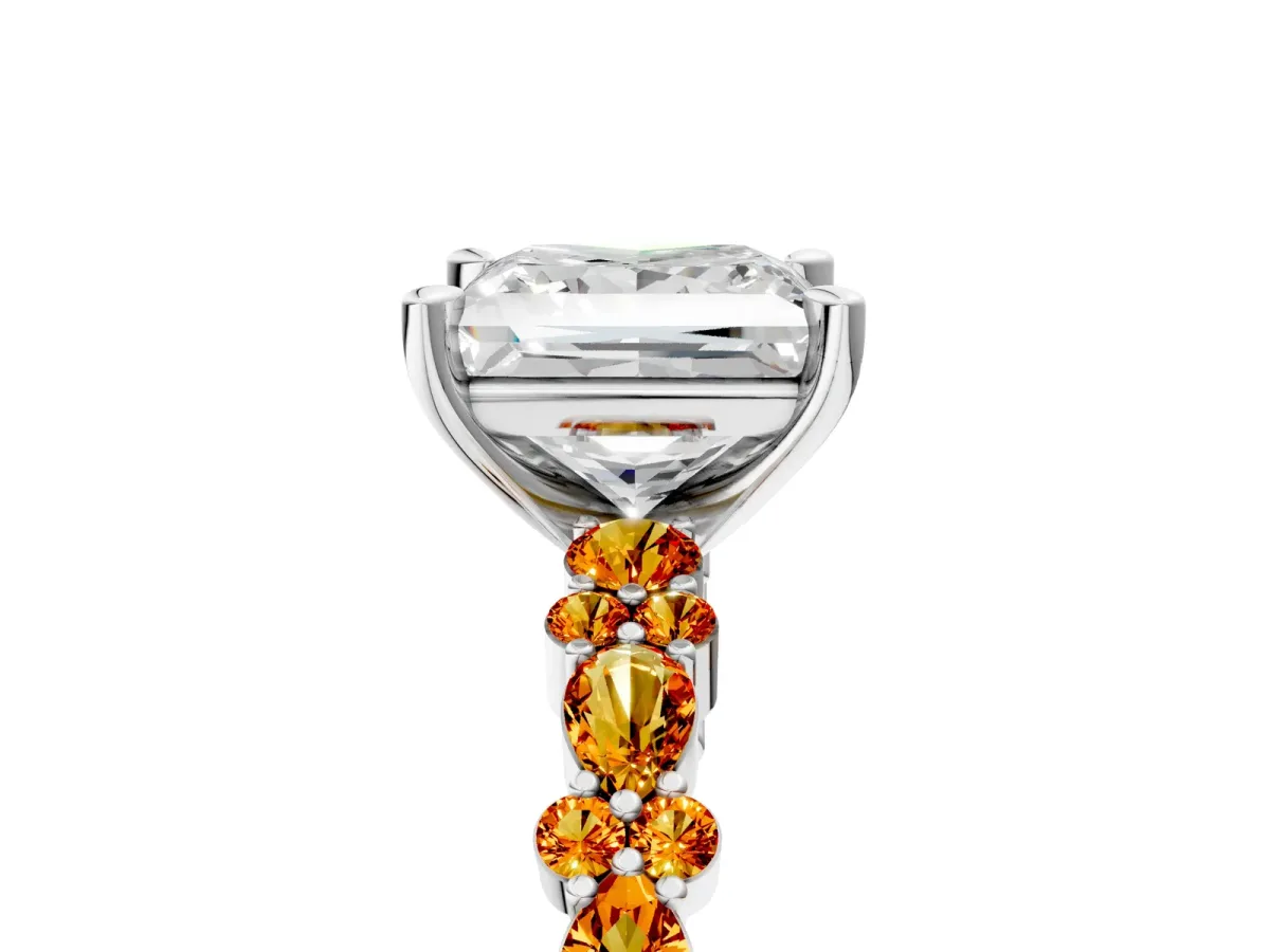 Princess Cut Diamond Side Stone Solitaire Ring with Round Citrine and Four-Prong Setting Platinum