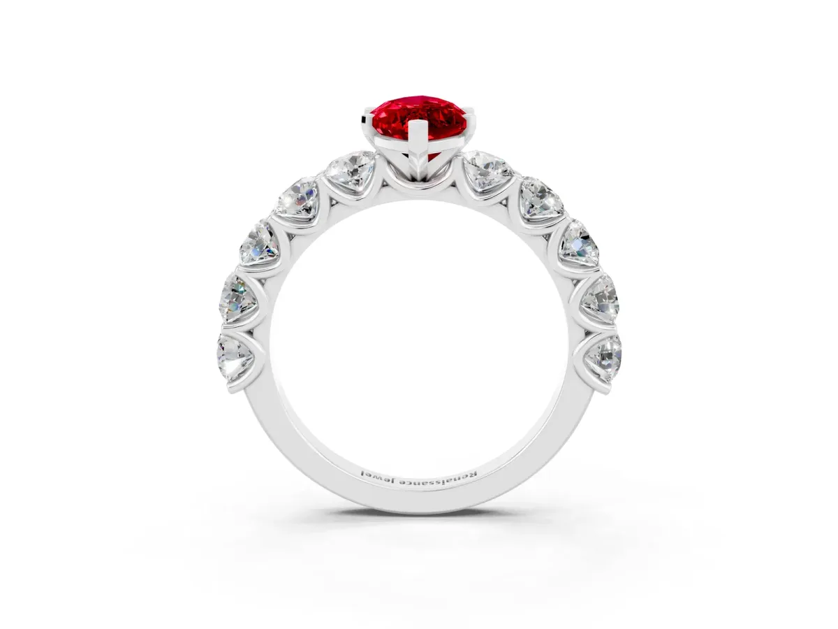 Marquise Cut Ruby Prong Setting with Side Stones on a Pave Band Platinum