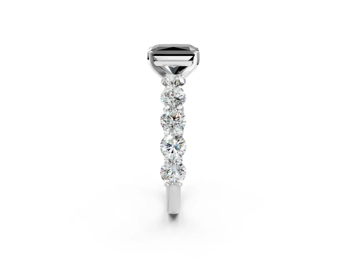 Fancy Black Radiant Cut Diamond Prong Setting with Side Stones on a Pave Band Silver
