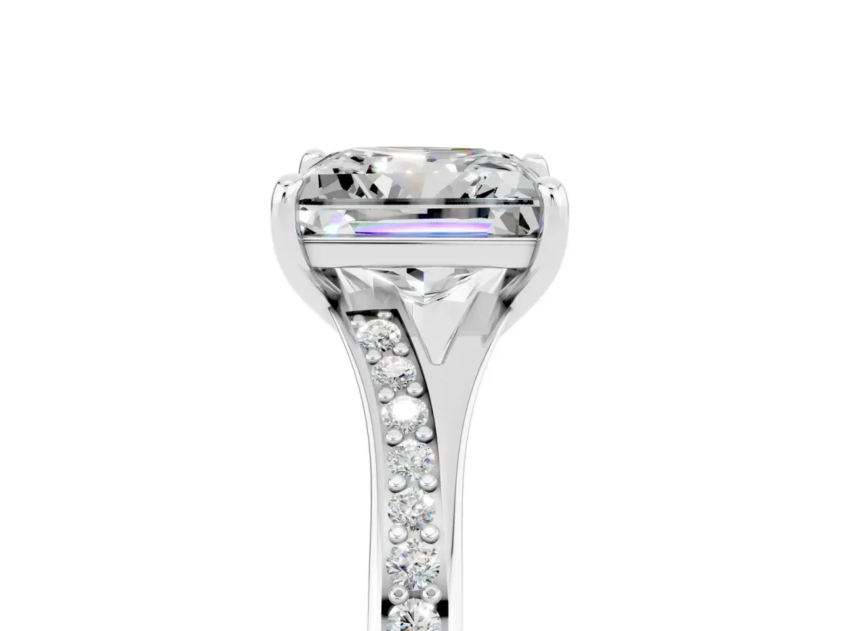 Princess Cut Moissanite Solitaire Ring with Pavé Band and Prong Setting Silver