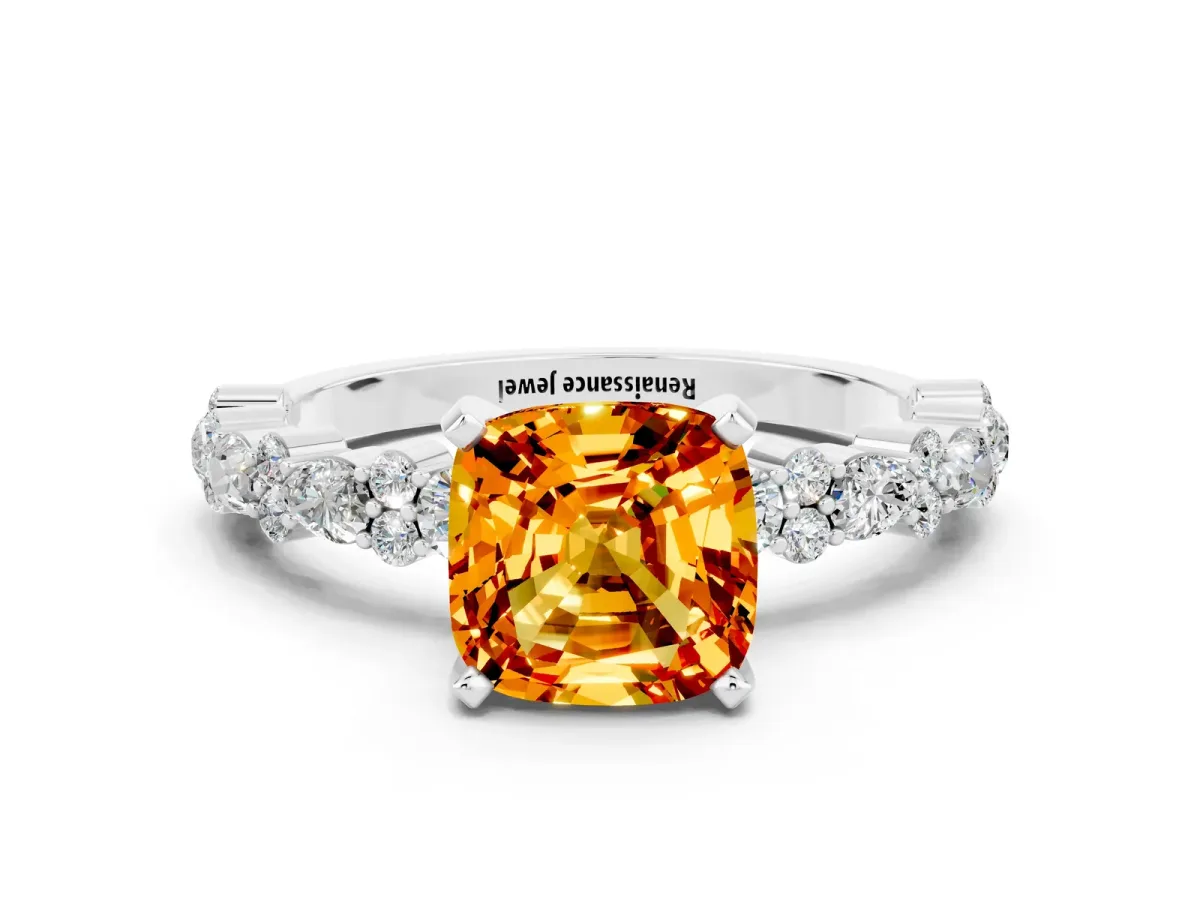Cushion Cut Citrine Side Stone Solitaire Ring with Round and Four-Prong Setting Silver