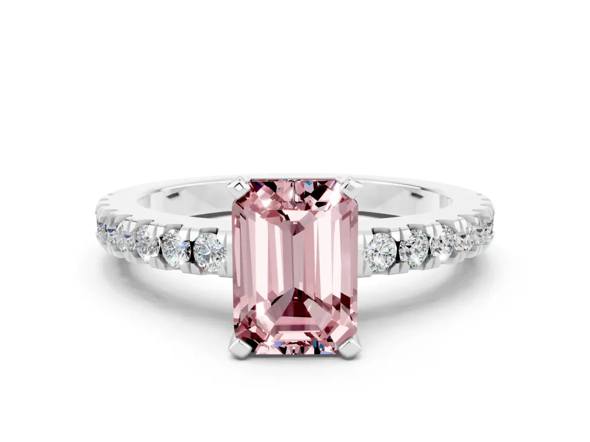 Emerald Cut Solitaire Morganite with Pavé Band and Four-Prong Setting Platinum