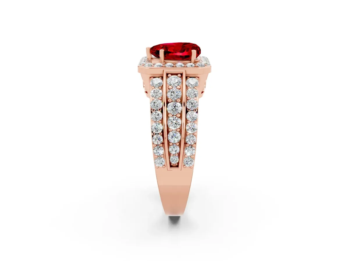 Heart Cut Halo Ruby Ring with Round Split Shank and Prong Setting Rose gold