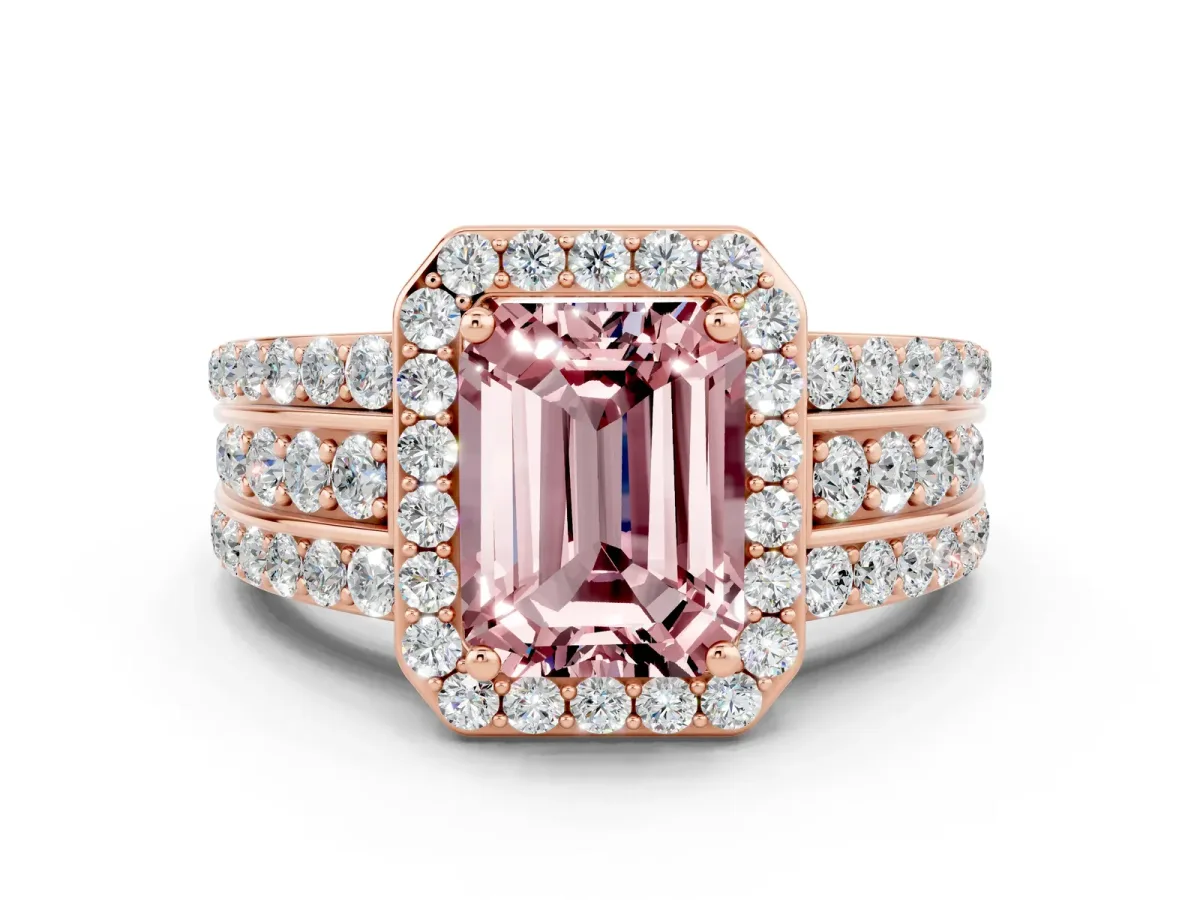Emerald Cut Halo Morganite Ring with Round Split Shank and Prong Setting Rose gold