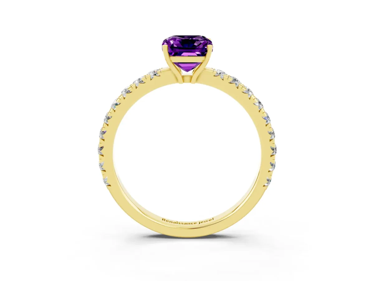 Emerald Cut Amethyst Pavé Solitaire Engagement Ring with Four-Prong Setting Yellow gold