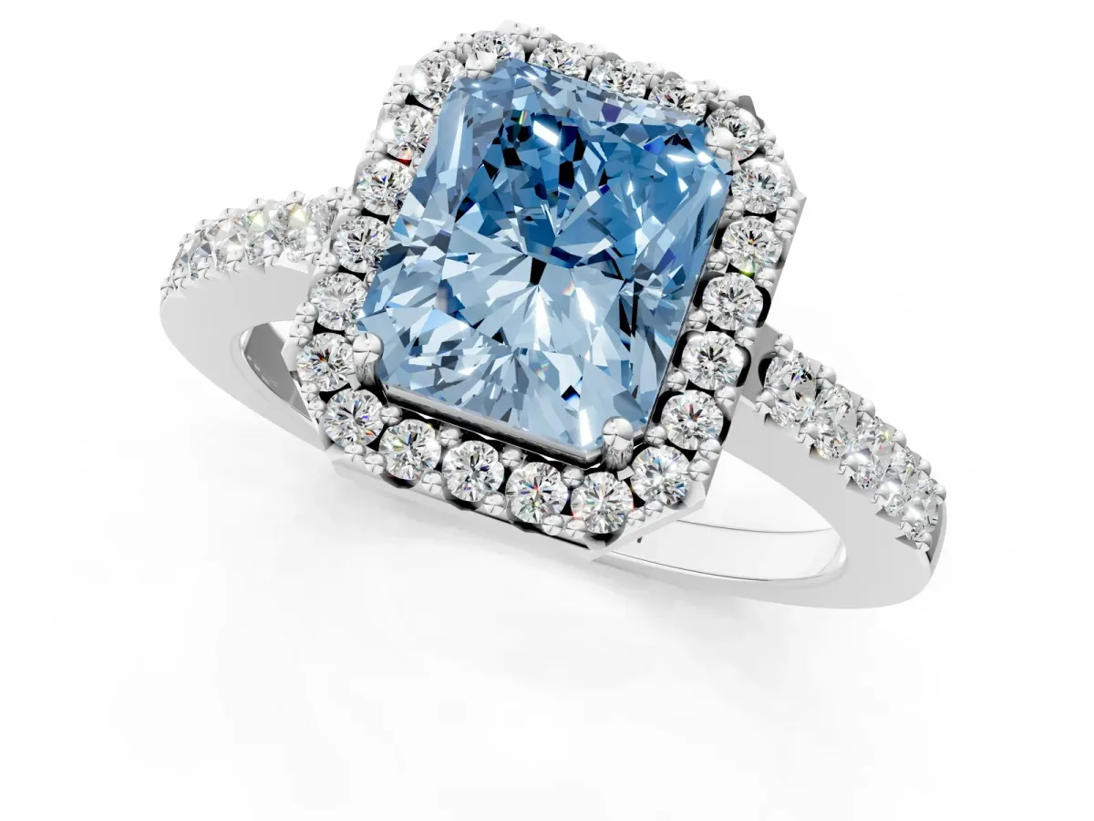 Fancy Blue Radiant Cut Halo Diamond Pavé Solitaire Ring Silver