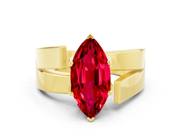 Modern Tension Set Marquise Cut Ruby Solitaire Wide Band Ring Yellow gold