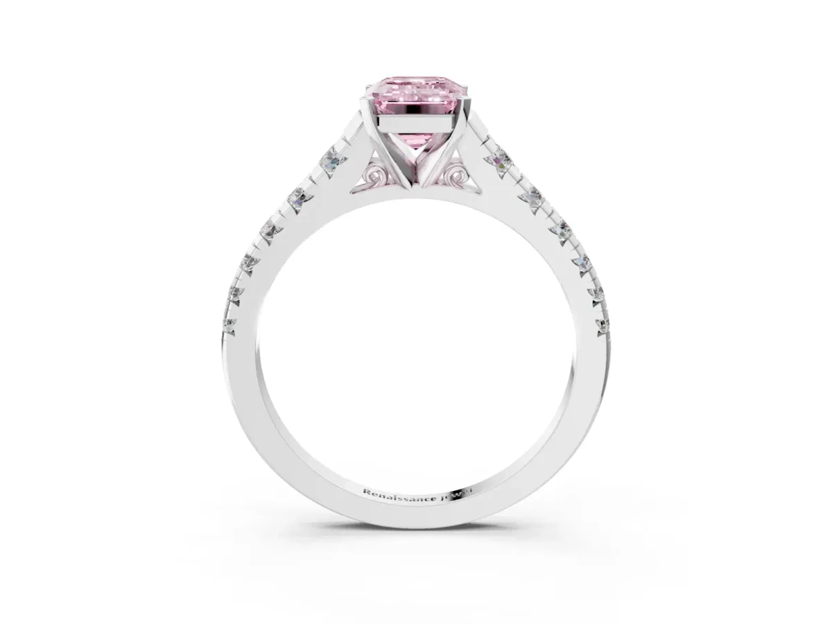 Fancy Pink Emerald Cut Diamond Cathedral Solitaire Ring with Round Pavé Band Silver