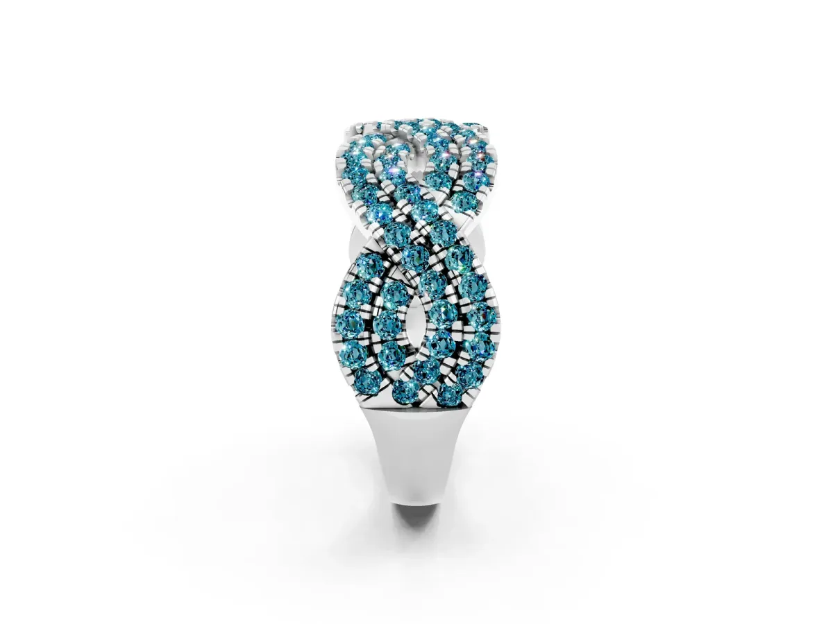 Pavé Round Blue Topaz Infinity Twist Band with Shared Prong Setting Platinum