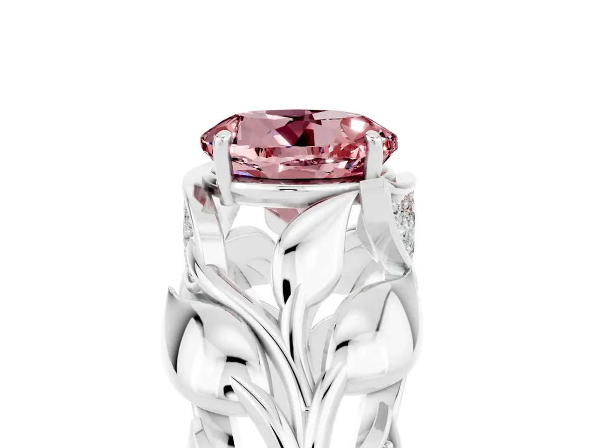 Round Cut Morganite Leaf-Inspired Engagement Ring with Round Accents and Prong Setting Silver