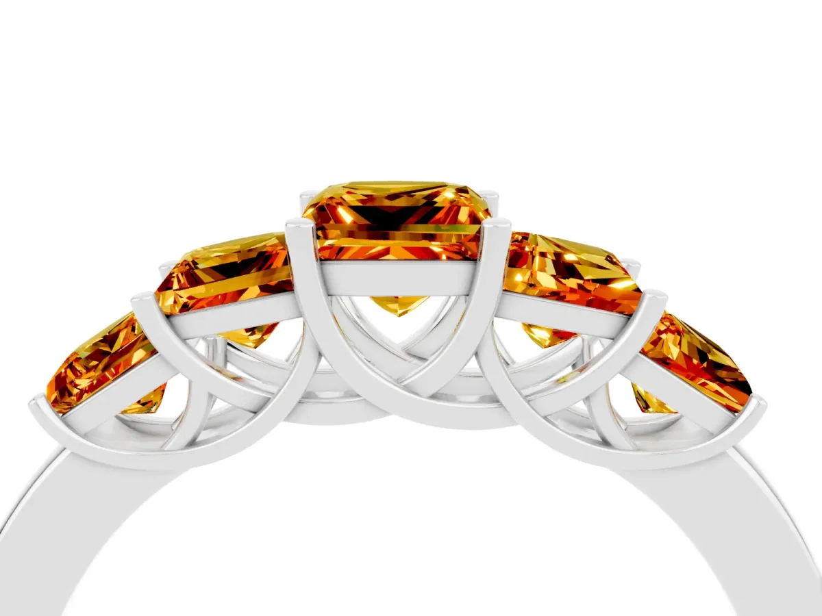 Princess Cut Five-Stone Citrine Ring with Classic Prong Setting Silver