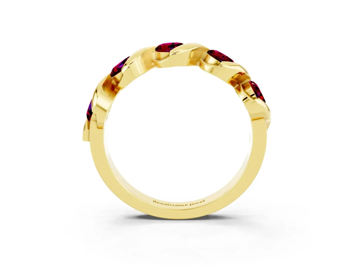 Round Garnet Wave Band with Channel Setting and Shared Prongs Yellow gold
