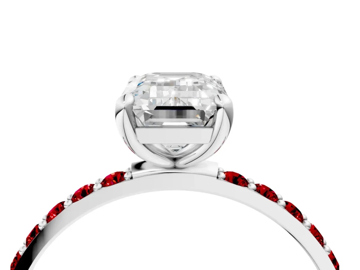 Emerald Cut Diamond Solitaire Ring with Round Ruby Pavé Band and Prong Setting Platinum