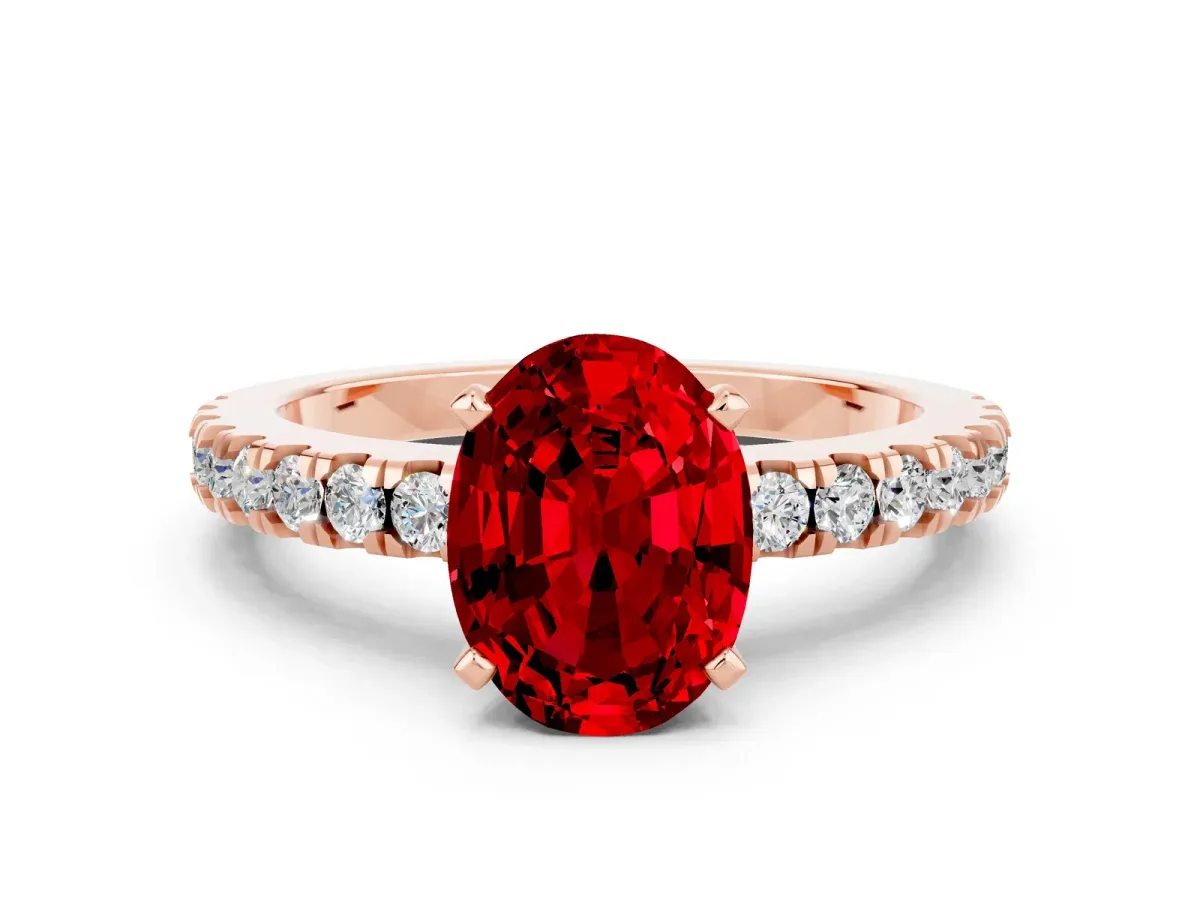 Oval Cut Solitaire Ruby with Pavé Band and Four-Prong Setting Rose gold