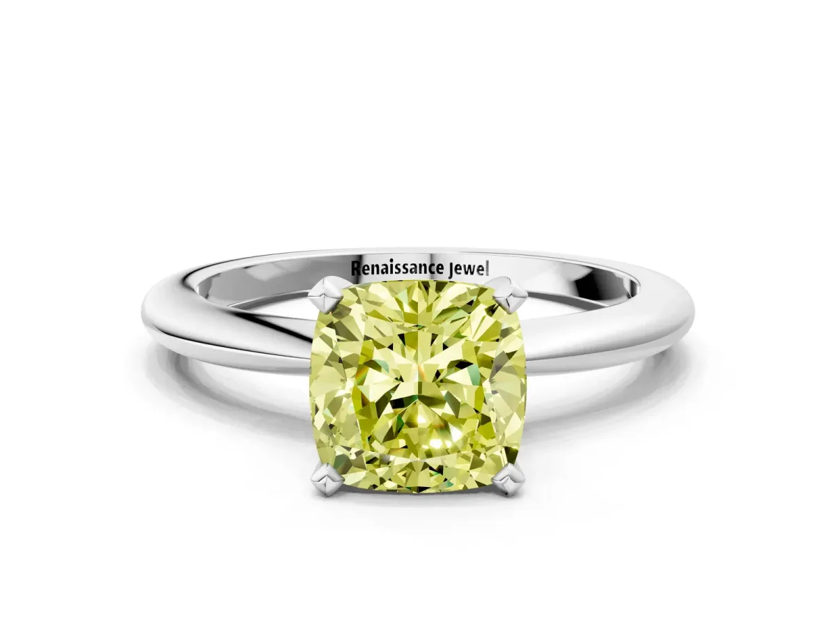 Fancy Yellow Cushion Cut Diamond Solitaire Ring with Six-Prong Setting and Classic Band Silver