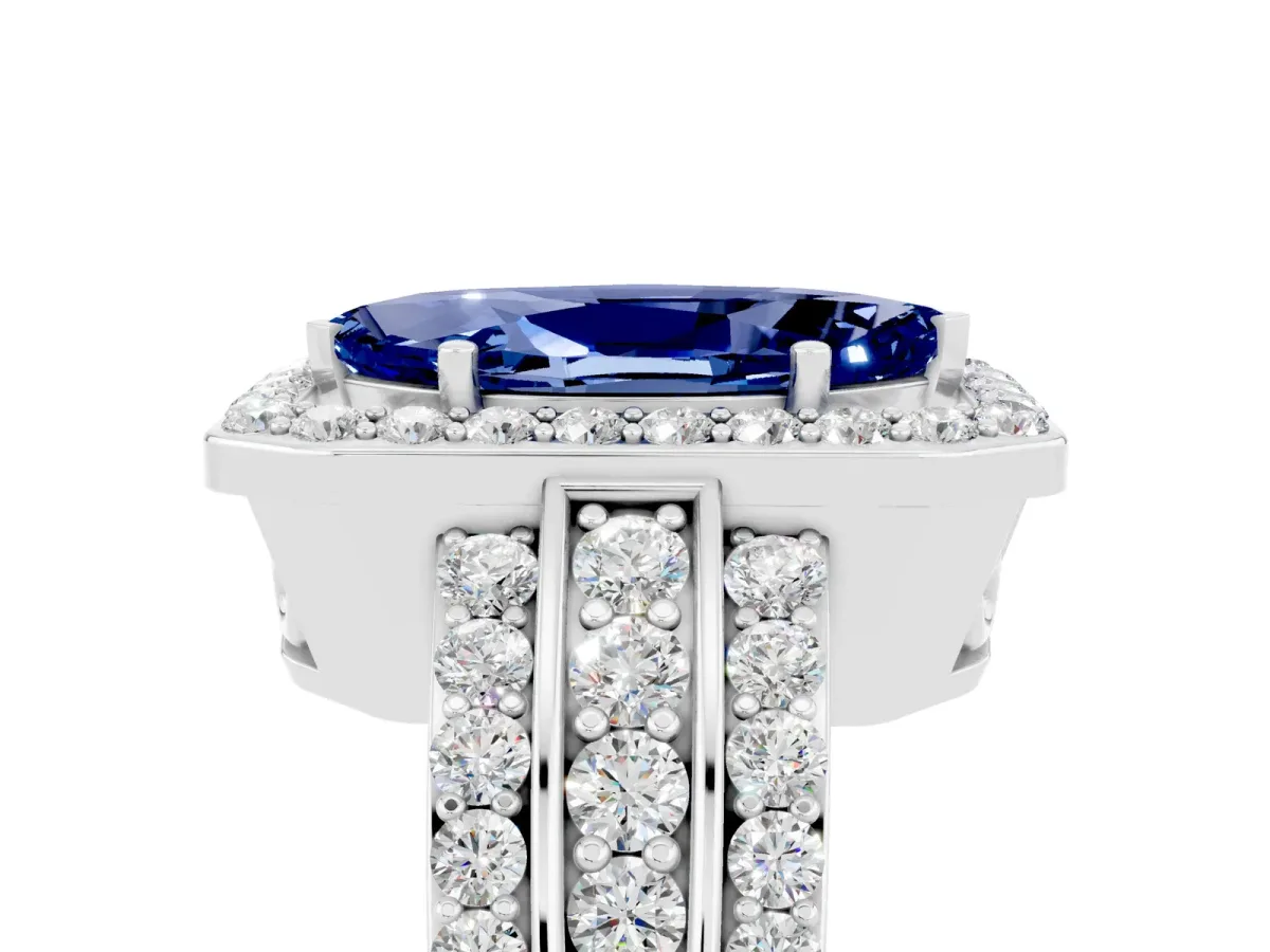 Marquise Cut Halo Blue Sapphire Ring with Round Split Shank and Prong Setting Silver
