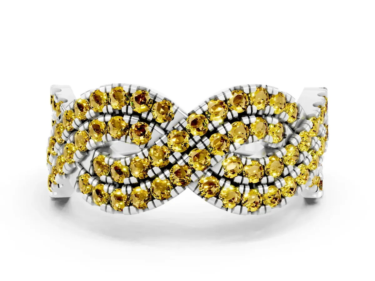 Pavé Round Yellow Sapphire Infinity Twist Band with Shared Prong Setting Platinum
