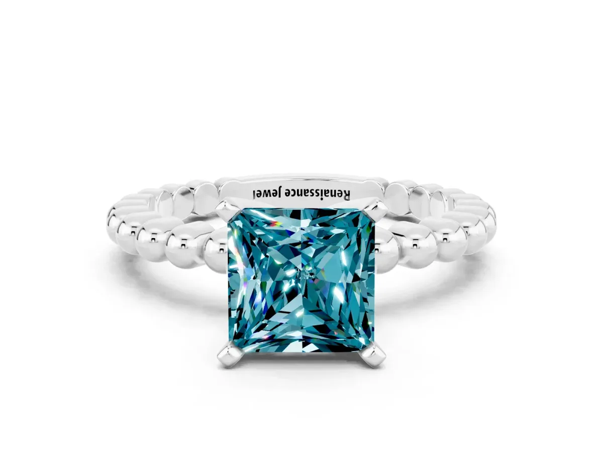 Princess Cut Blue Topaz Solitaire Ring with Beaded Band and Prong Setting Silver