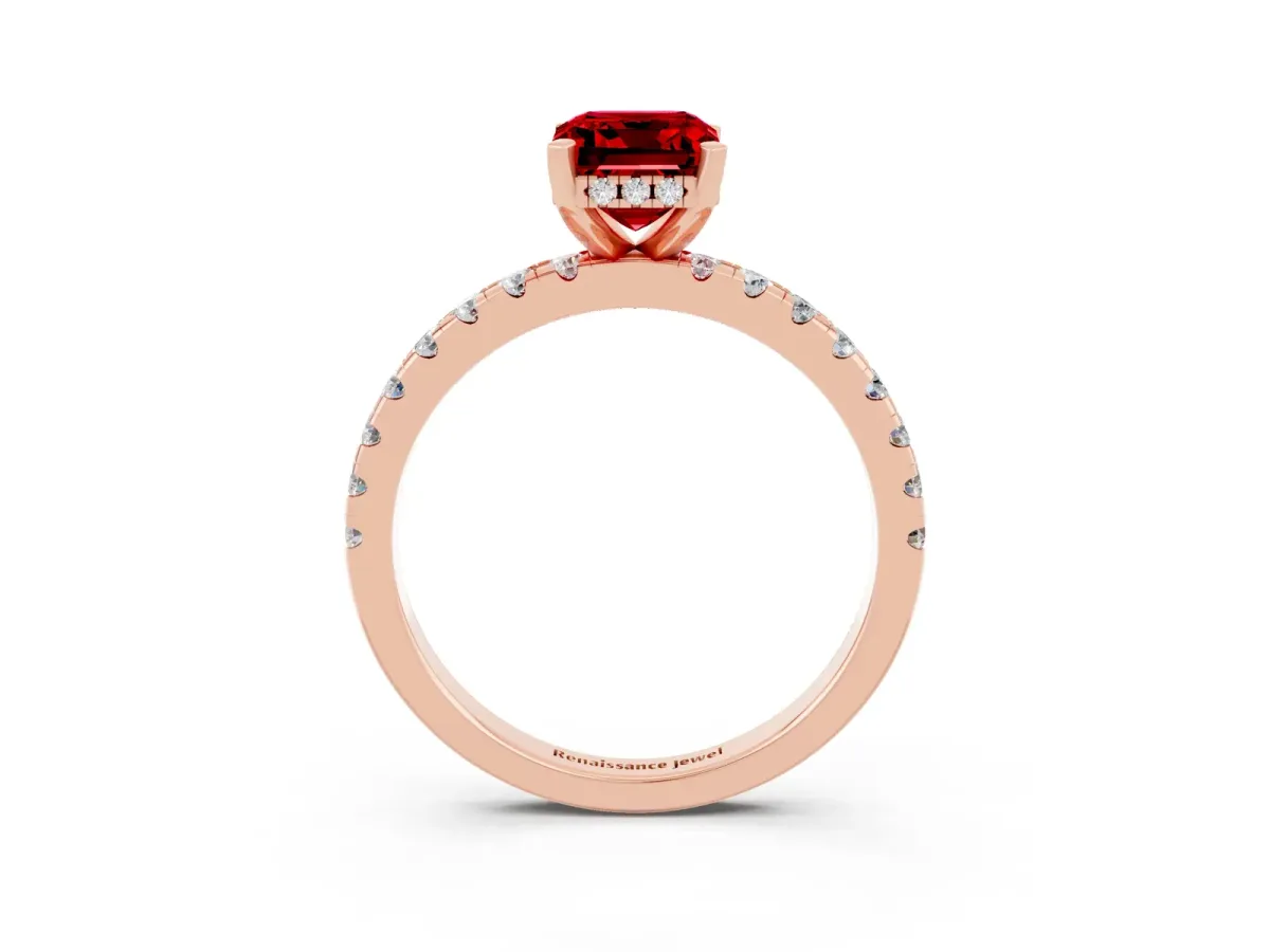 Emerald Cut Ruby Solitaire Ring with Round Pavé Band and Four-Prong Setting Rose gold