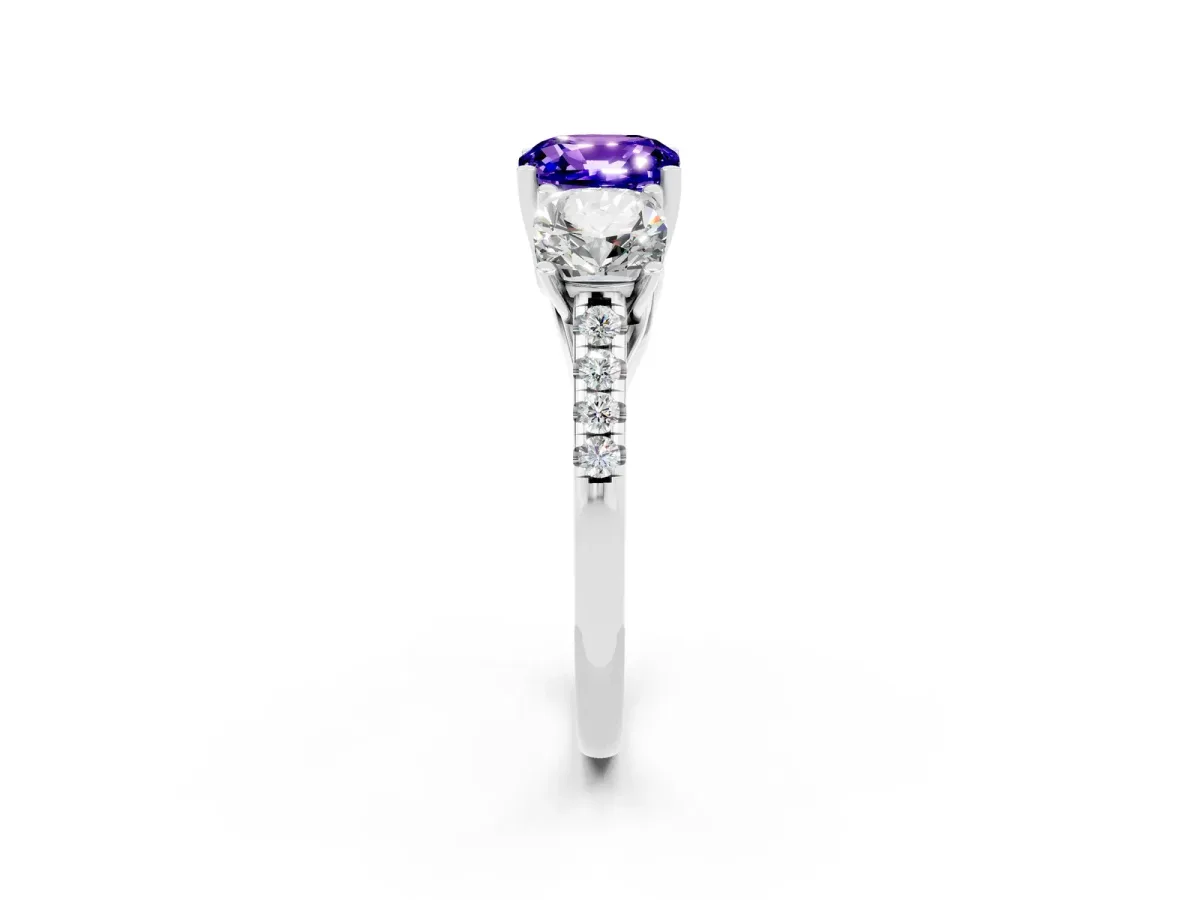 Three-Stone Cushion Cut Tanzanite Ring with Round Pavé Band and Prong Setting Silver