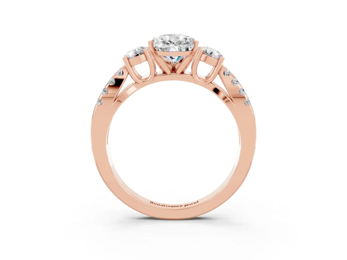 Pear Cut Moissanite Three-Stone Ring with Pavé Split Shank and Four-Prong Setting Rose gold