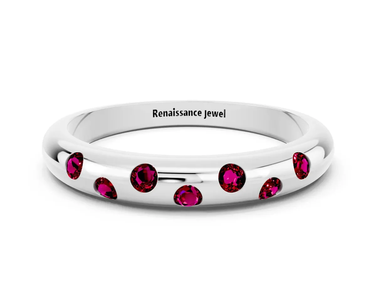 Round Garnet Flush-Set Comfort Fit Band Silver