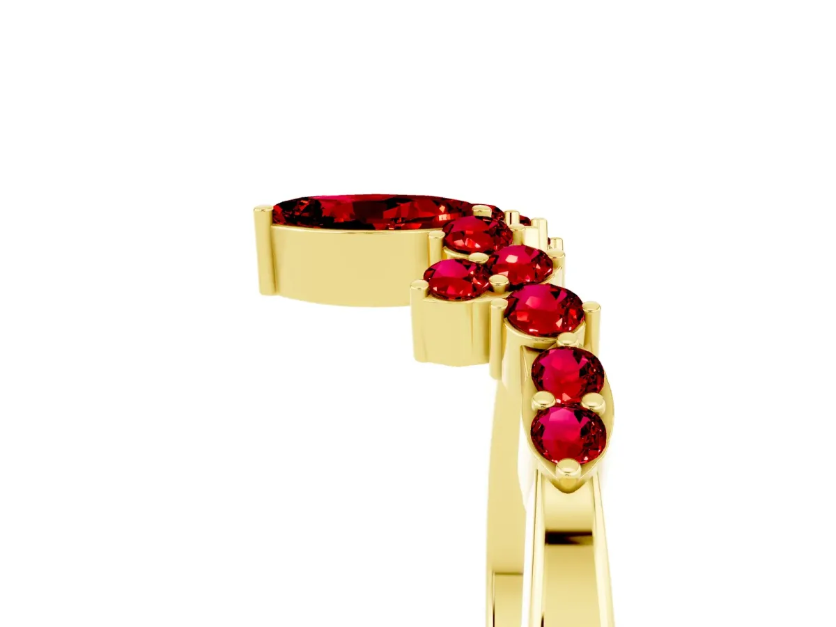 Marquise and Round Ruby Chevron Band with Prong Setting Yellow gold