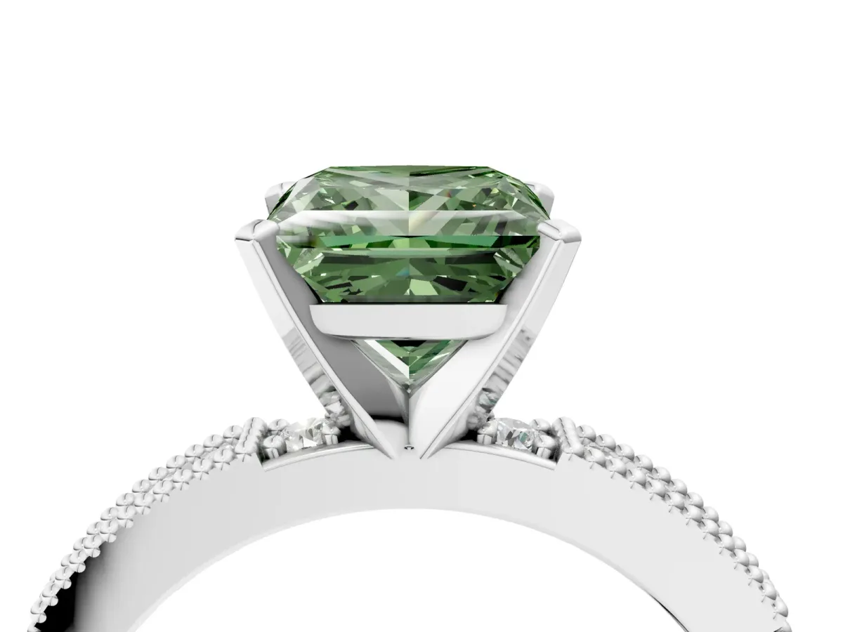 Fancy Green Princess Cut Solitaire with Pavé Band and Four-Prong Setting Silver