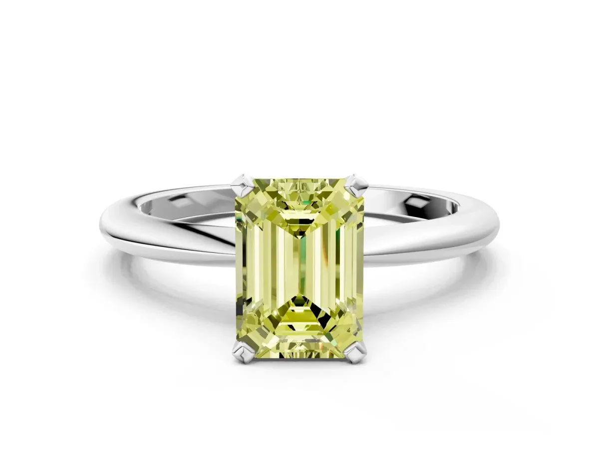 Fancy Yellow Emerald Cut Diamond Solitaire Ring with Six-Prong Setting and Classic Band Platinum