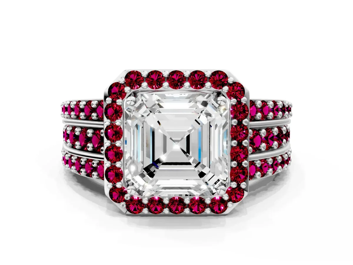 Asscher Cut Halo Diamond Ring with Round Garnet Split Shank and Prong Setting Platinum