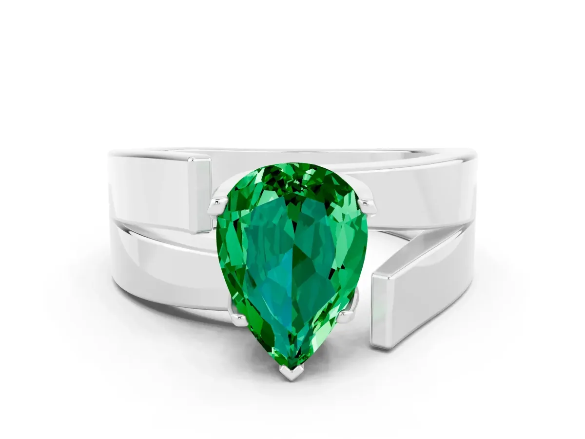 Modern Tension Set Pear Cut Emerald Solitaire Wide Band Ring White gold