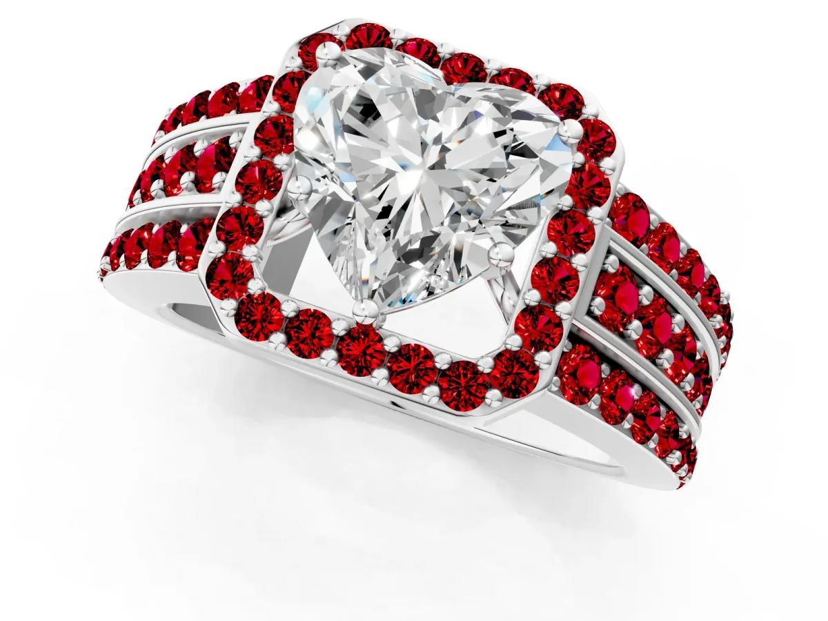 Heart Cut Halo Diamond Ring with Round Ruby Split Shank and Prong Setting Platinum