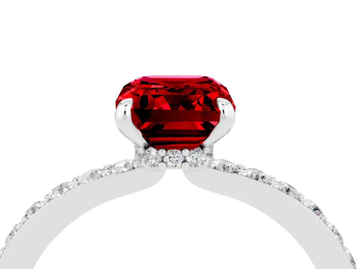 Emerald Cut Ruby Solitaire Engagement Ring with Pavé Band and Four-Prong Setting White gold