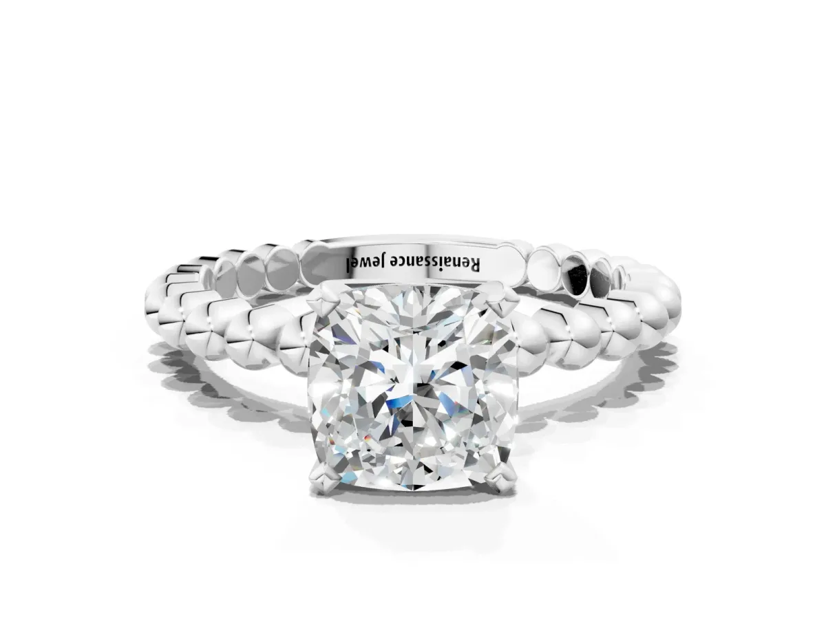 Cushion Cut Diamond Solitaire Ring with Beaded Band and Prong Setting Platinum