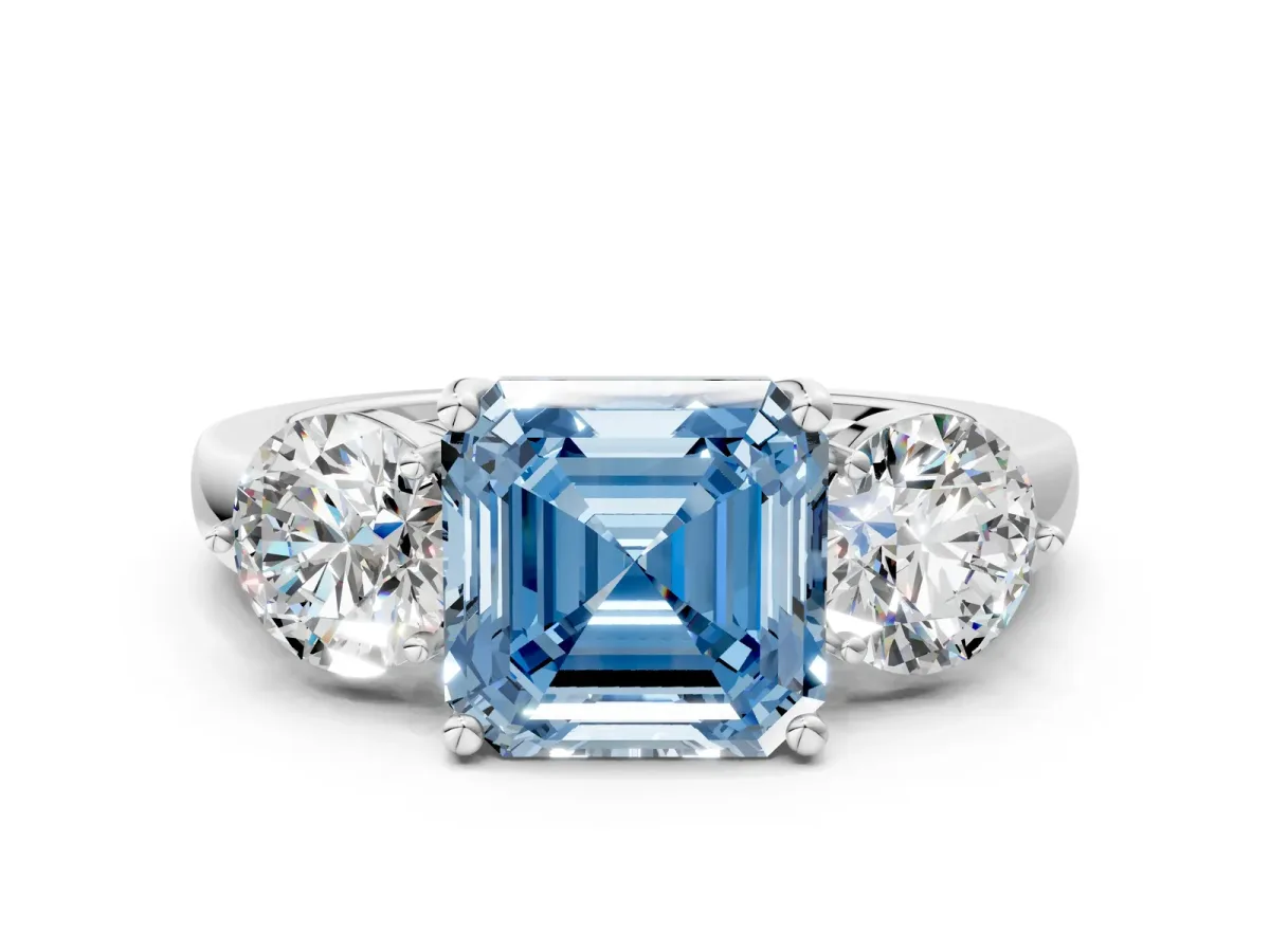 Fancy Blue Asscher Cut Diamond Three-Stone Ring with Prong Setting and Classic Band Platinum
